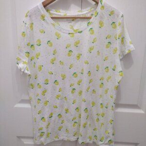 Studio 12 Women’s XL Lemon Print T-Shirt 100% Cotton White Short Sleeve Top
